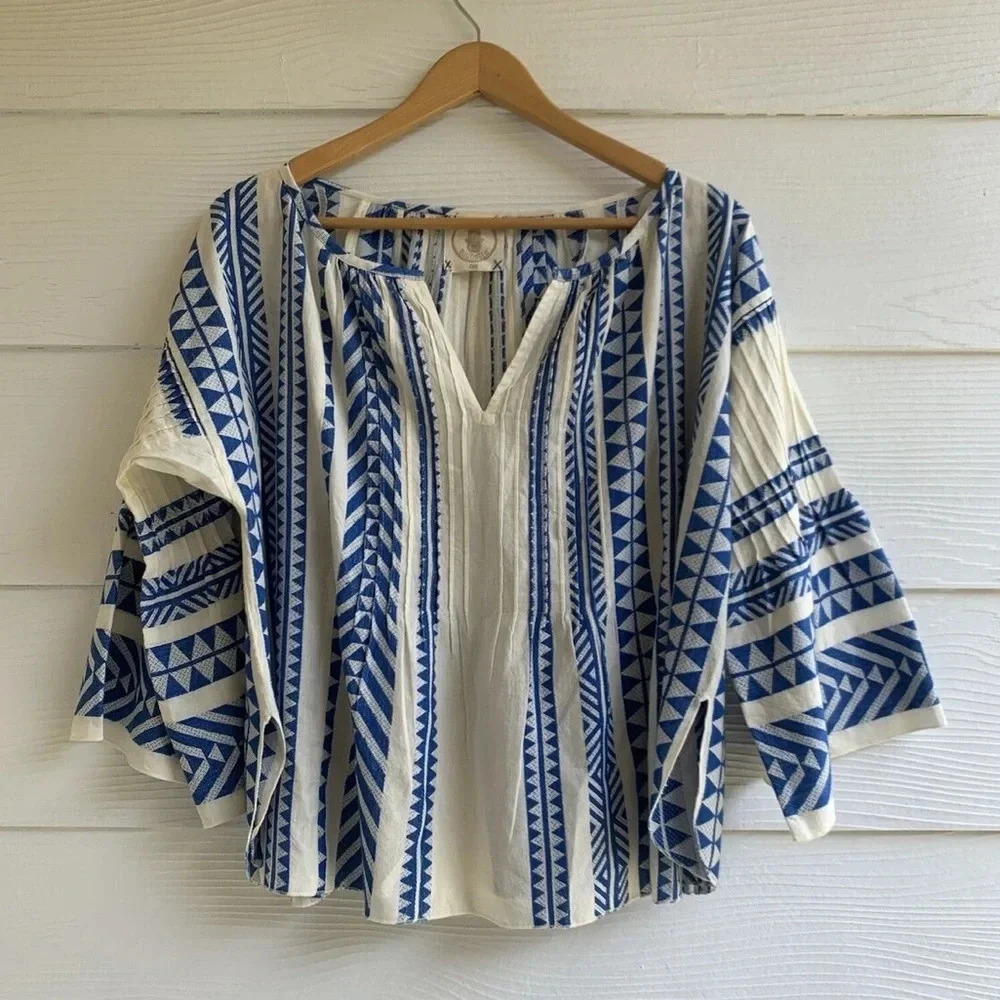 NWT Muche Et Muchette Peasant Top Bell Sleeve Blouse Cream Blue One Size